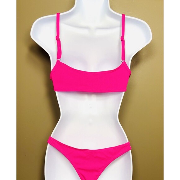 IBIZA VIBE Ribbed Neon Bikini Set Scoop Crop Top Brazilian 2pc Small - Picture 3 of 3